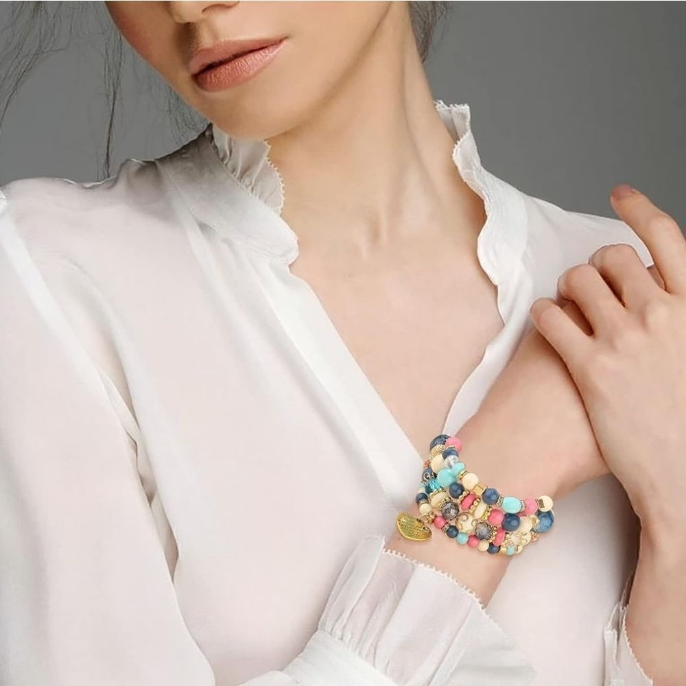 Stackable Bead Bracelets Ladies Stretch Multilayer Bracelet Set - Multicolor - Picture 10 of 12